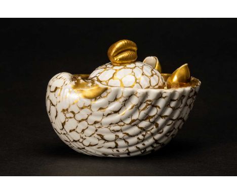 SWANSEA PORCELAIN SHELL INKWELL, formed as an upturned shell picked out in gold, three smaller shells forming the finial and 