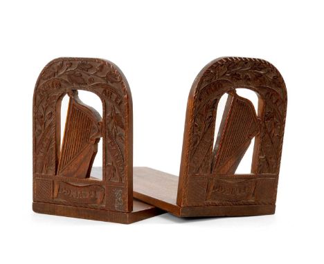 NINETEENTH CENTURY WELSH YEW WOOD BOOK-SLIDE SWEETHEART TOKEN both hinging ends carved with a centre harp, acorns and leaves 