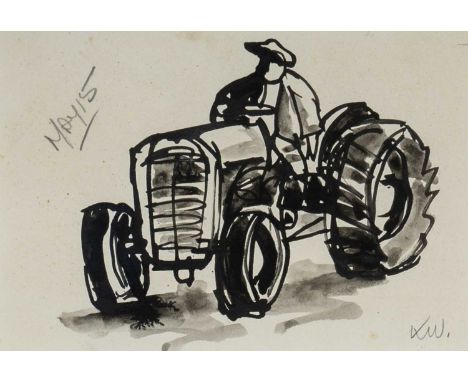 ‡ SIR KYFFIN WILLIAMS RA ink and wash - farmer seated on tractor, inscribed in pencil 'MAY 15', (probably implying 15th May),