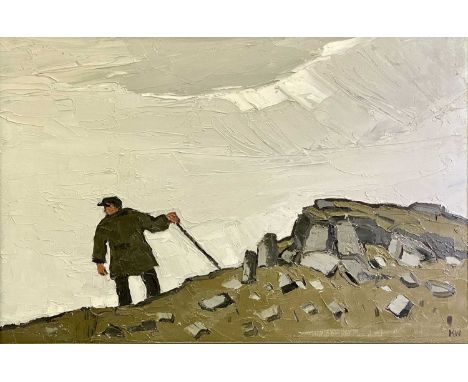 ‡ SIR KYFFIN WILLIAMS RA oil on canvas - farmer with stick surveying from mountain ridge, signed with initials, 49 x 74.5cmsP