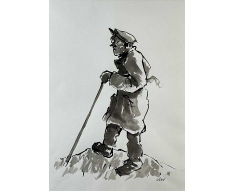 ‡ SIR KYFFIN WILLIAMS RA ink & wash - entitled verso 'Farmer on a Hill with Stick', signed with initials, 38 x 28cmsProvenanc