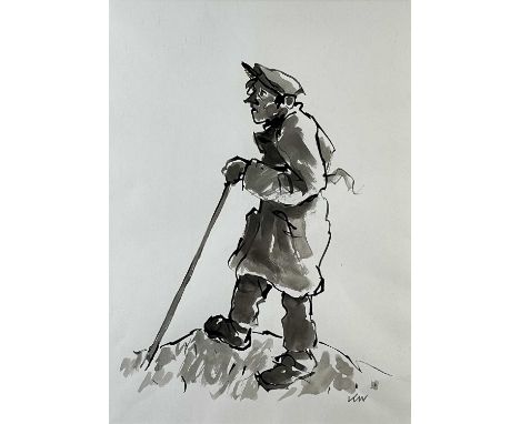 ‡ SIR KYFFIN WILLIAMS RA ink & wash - entitled verso 'Farmer on a Hill with Stick', signed with initials, 38 x 28cmsProvenanc