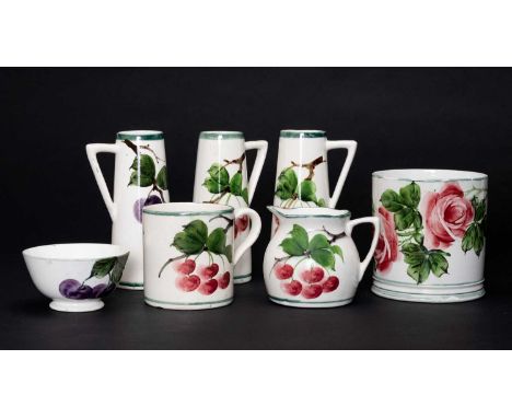 LLANELLY POTTERY GROUP comprising pair of cherry decorated tapered vases, 15cms high, similar with plums, mug decorated with 