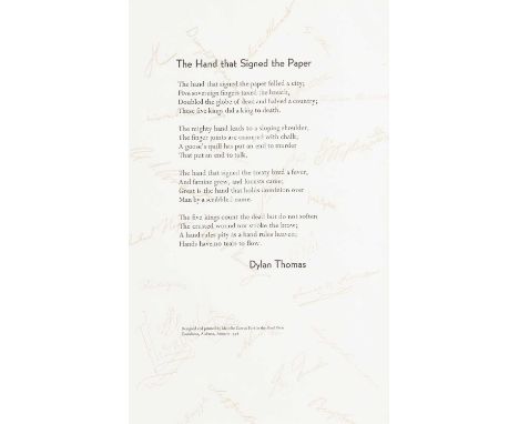 DYLAN THOMAS one of 30 rare broadside prints - the poet's famous anti-war poem, 'The Hand that Signed the Paper', designed an