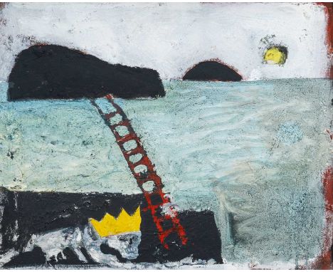 ‡ IWAN BALA oil on canvas laid to board - coffin beneath the sea with crowned skeleton approaching a ladder to an island abov