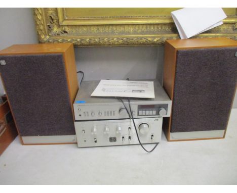 A JVC JA-511 stereo integrated amplifier, a Realistic STA-730 AM/FM stereo receiver, and a pair of Mordaunt Short Festival se