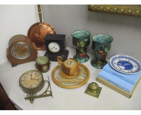 A mixed lot to include a pair of Titan vases, a black marble mantle clock, a bed warmer and other items 