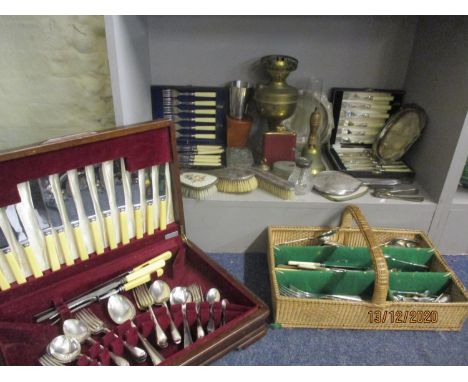 A canteen of Ryals silver plated cutlery, mixed mid to late 20th century cutlery and flatware, three mixed silver backed dres