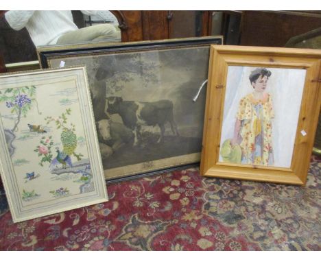 An oil on board of a lady in a Retro dress holding a hat together with a print of a cow herd and an Oriental needlepoint 