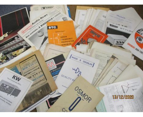 A box of vintage radio and electronic equipment ephemera with Mullard circuit schematics-amplifier assembly instructions (Mul