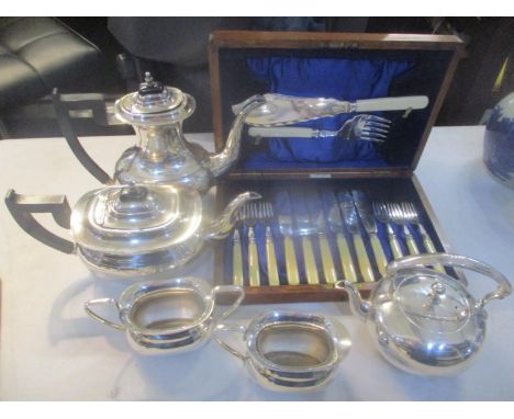 Silver plate to include a Maplin &amp; Webb four piece tea service, a kettle and a fish knife and fork set with servers, case