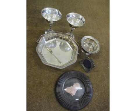 A small silver photo frame 7 x 8cm, together with a wax silhouette, framed, of Job Heath, 18th century A/F, and mixed silver 