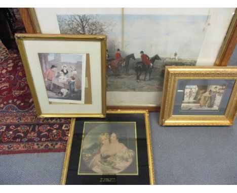 A christoleums entitled The Calmady Sisters together with a hunting print, a print , a print of The Frigidarium and a Cries o