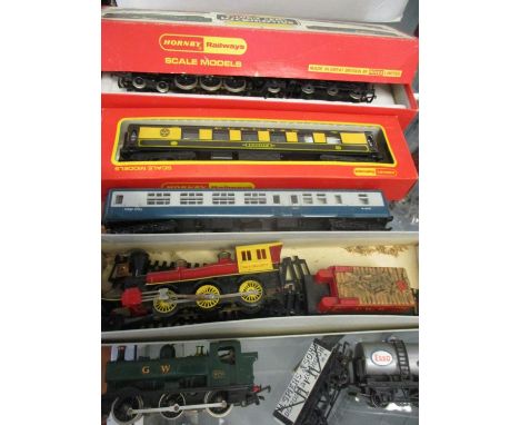 Hornby Railways silver seal locomotive, a Triang Davy Crockett engine, mixed carriages, rolling stock and engines 
