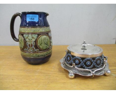 A Doulton Lambeth jug commemorating the coronation of Edward VII and Queen Mary and a Doulton stoneware and silver plated mou