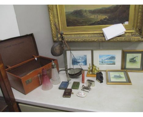 Collectables to include a Victorian balance scales, a Lloyds Bank leather case, a silver plated and glass Caret jug, a cranbe