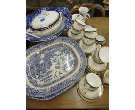 A Grimwades wash bowl, meat plates, Royal Grafton Majestic tea cups with saucers, Royal Crown Derby and other ceramics