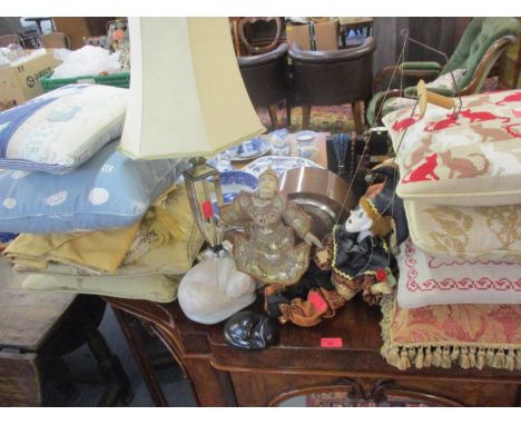 A contemporary glass table lamp with cream shade, an Indonesian cloth puppet and a clown puppet, a 1940's walnut cased mantle