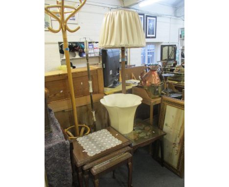 A tapestry topped square formed occasional table, together with two standard lamps, a modern coat and hat stand, and a nest o
