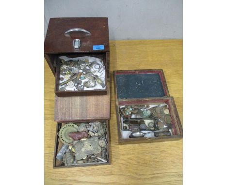 Two boxes of metal detector finds including military buttons, a whistle, bullets, some silver coinage and other old coins, a 