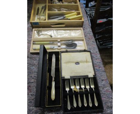 Boxed Laguiole salad servers, mixed silver plate and stainless steel cutlery and flatware, an Arthur Price silver and mother 