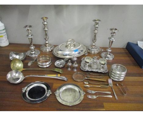 A mixed lot of silver plate to include a pair of Sheffield plated candlesticks 