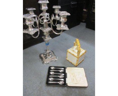 A set of six silver plated teaspoons, cased, together with a silver plated candelabra and a Chinese and bamboo style teapot 