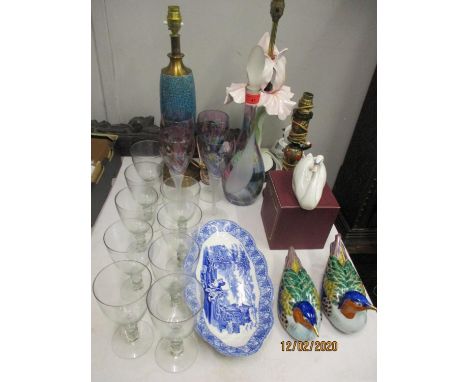 Ceramics and glassware to include three lamps, a set of coloured glasses and matching decanter, Shelton bowls, teaware, a JGS