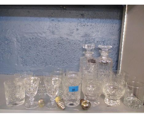 A pair of Waterford crystal sherry glasses, pattern unknown, together with two decanters, mixed glassware, two silver plated 