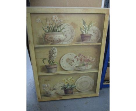 After Fabrice de Villeneuve - a print of spring flowers in flowerpots and porcelain bowls, arranged upon wooden shelves with 