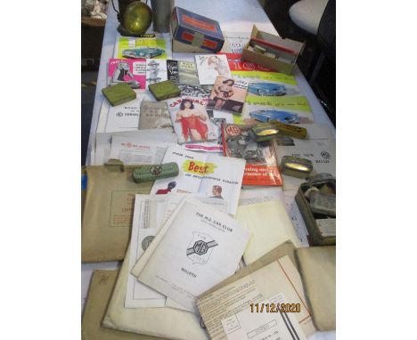 A quantity of Lucas and motoring ephemera together with a vintage Schrader spark plug pump, a Mariol vintage Powerite lantern