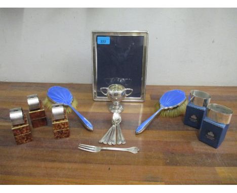 A mixed lot of silver to include a Richard Carr Millennium photo frame, two blue guilloche enamelled silver hairbrushes, boxe