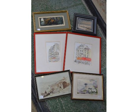 Pictures - David, a pair, Parisian Streets, ink sketch and wash, signed, dated 99; R Meakin, Spanish Landscape, sepia waterco