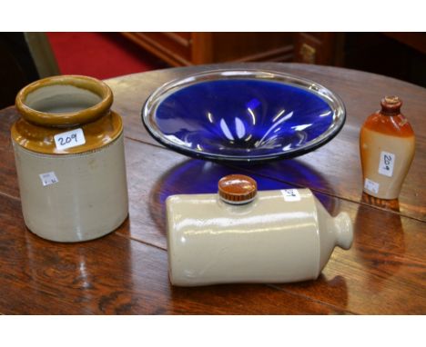  A Scandinavian Sommerso blue and clear glass circular fruit bowl;  A set of seven A 19th century salt glazed stoneware flask