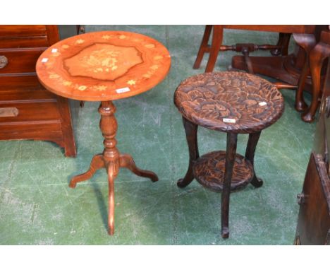 An inlaid tripod occasional table; a carved oak occasional table (2)