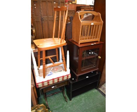 A Regency reproduction dropleaf occasional table; a contemporary cupboard; a stool; a pine spindle back chair; a magazine rac