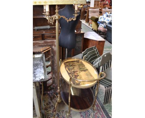 A 1930's French brass Napoleon style triple branch standard lamp; a 1930's French tea trolley (2)