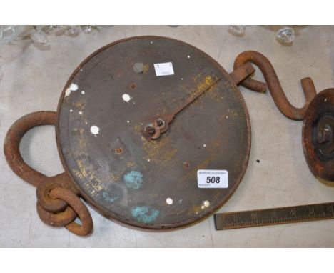 A Salter spring balance to weigh 100lb in 1/2lb increments; a Rabone No.1+11 5ft fold in measure; a copper lightning conducto