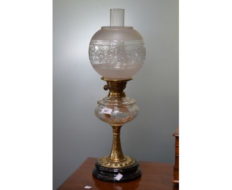 A Victorian glass and brass table oil lamp, c.1890