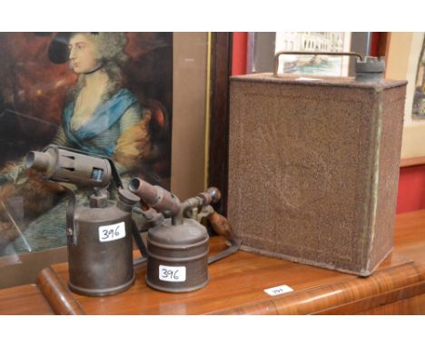 A blow lamp, BA Hjorth & Co, Stockholm, Sweden; another, Burridge and Co.; a vintage Shell petrol can (3)