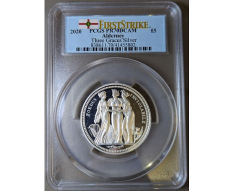 UNITED KINGDOM. ALDERNEY. Elizabeth II, 1952-2022. Silver 5 pounds, 2020. The Commonwealth Mint. Proof Three Graces. Much lik