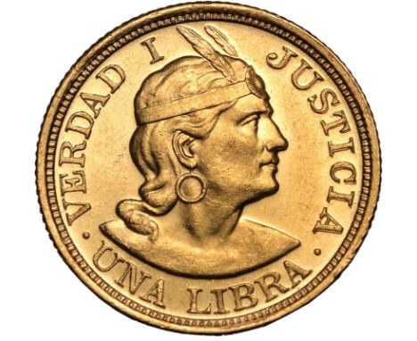 PERU. Gold 1 libra, 1918. Lima. Wreath around coat of arms with legend around, date below; "REPUBLICA PERUANA - LIMA 1918 / P