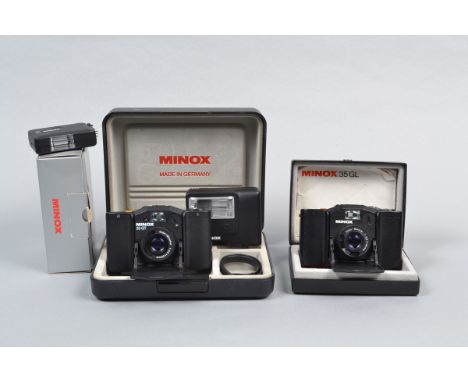 Minox Cameras, a Minox 35 GT, in display case with FC 35 flash, shutter fires, not battery tested, body G, a 35 GL, shutter f