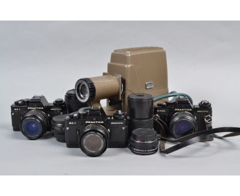 Praktica Electronic SLR Cameras and Lenses,  a BC1 and a B200 both with Pentacon Prakticar 50mm f/1.8 MC lenses, a BC1 with a