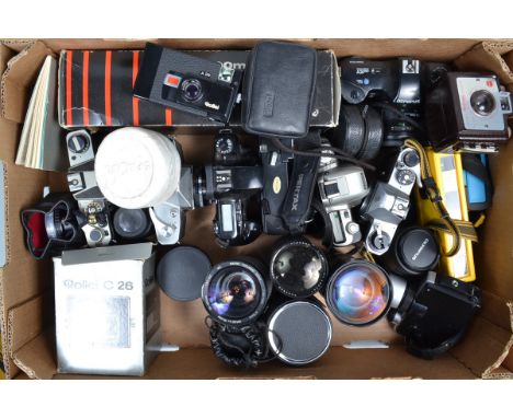 A Tray of Cameras and Lenses, including a Canon EOS 500 SLR body, a Chinon CX SLR, a Mamiya Family SLR, a Minolta 110 SLR, an