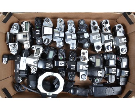 SLR Camera Bodies and Accessories, bodies include Canon, Exakta, Minolta, Nikon, Pentax and others (18), flashguns from Canon