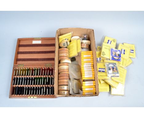 Unmounted Filters and Lens Tissue Packs, boxed Kodak Wratten filters, mainly 50mm and empty boxes, 20 approx, cased Barr &amp