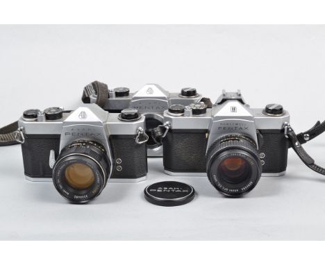 Three Pentax SLR Cameras,  an Asahi Pentax SL, shutter working, timer working, mirror sometimes not returning on slow speeds,