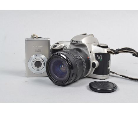 A Canon EOS 500 35mm SLR Camera, serial no. 2227948, mock titanium body G, shutter working, meter reacts to light, with a Can