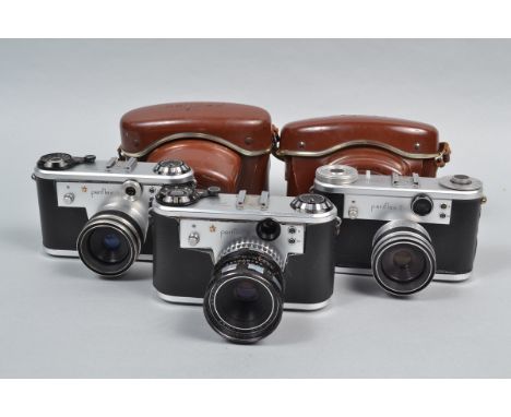 Three Corfield Periflex Cameras, a Periflex Gold Star, shutter sluggish on slow speeds, stays open on second until shutter bu